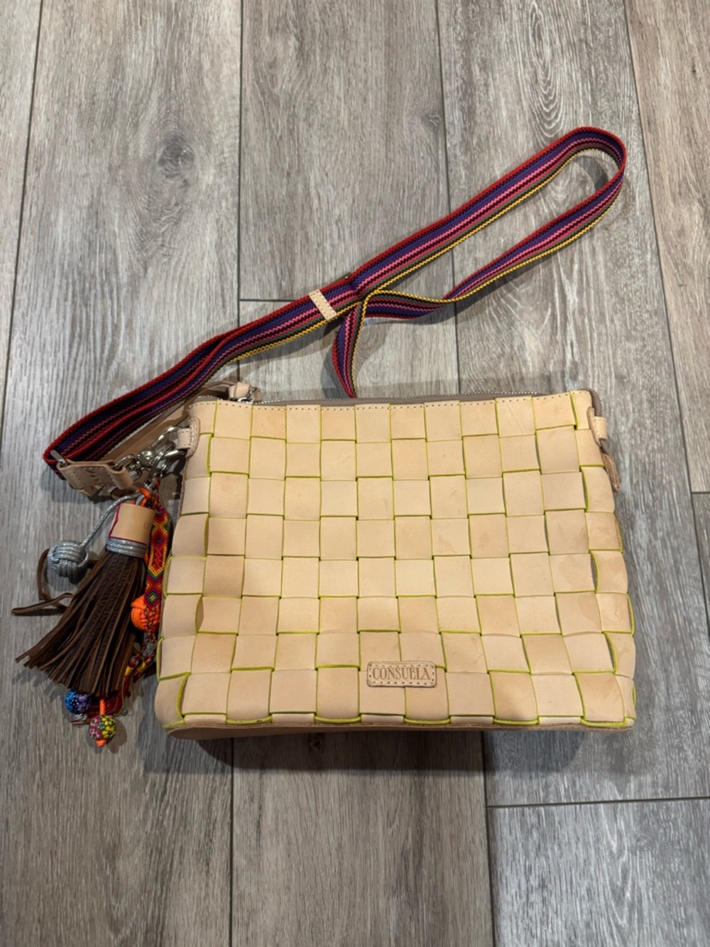 Consuela Beige Woven Crossbody with Multicolor Strap and Tassel